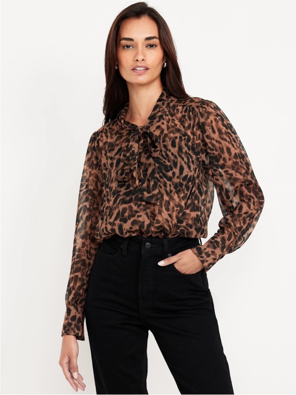 Old Navy Brown Leopard Tie-Neck Blouse